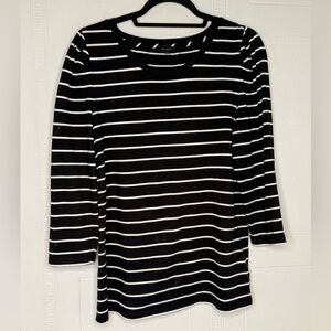 Talbots 100% Pima Cotton Black White Striped Long Puff Sleeve Crew Neck Top M